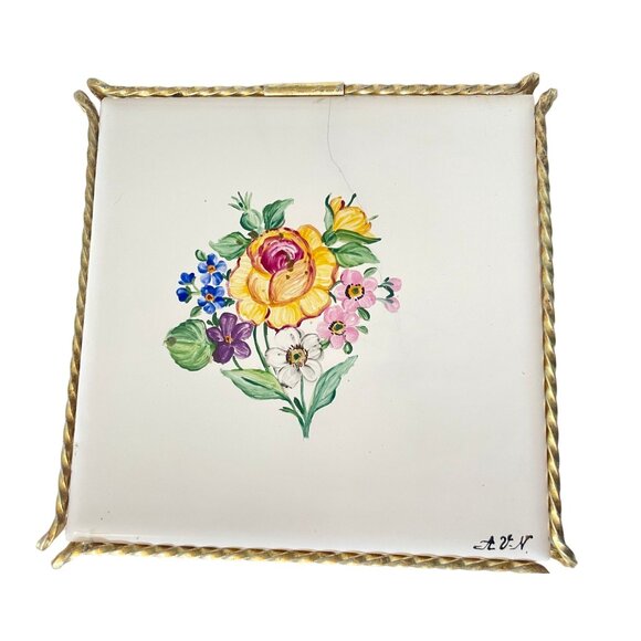 Vintage Tile Pot Holder Trivet with Metal Stand made Czchoslovakia hand painted. - Picture 5 of 9